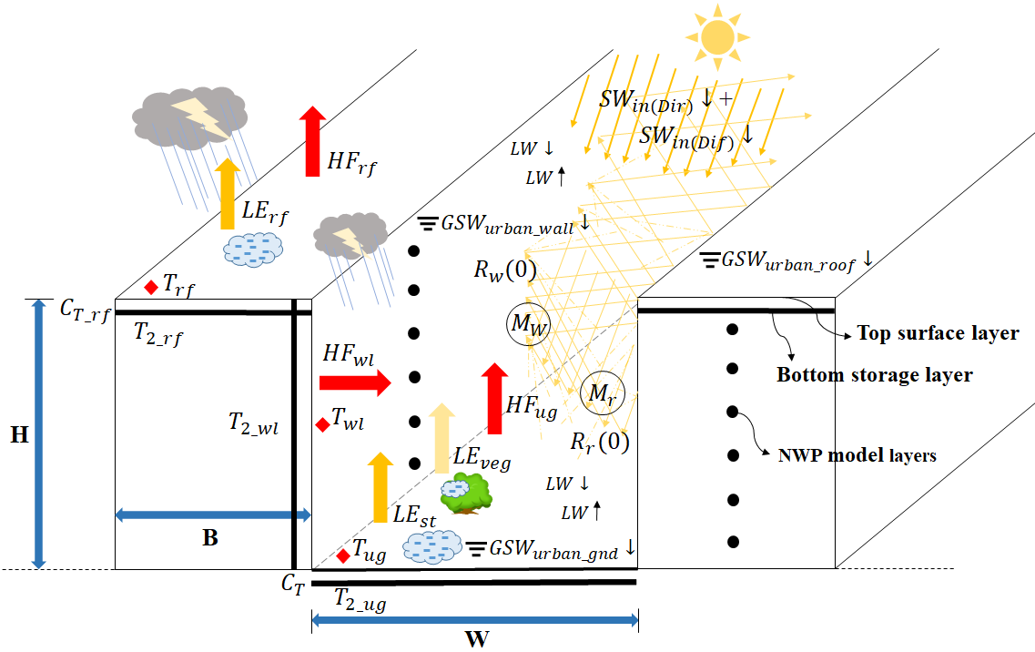 Thermal energy exchange within the urban canopy — radiation, sensible and latent heat fluxes from ground, walls, and rooftop.