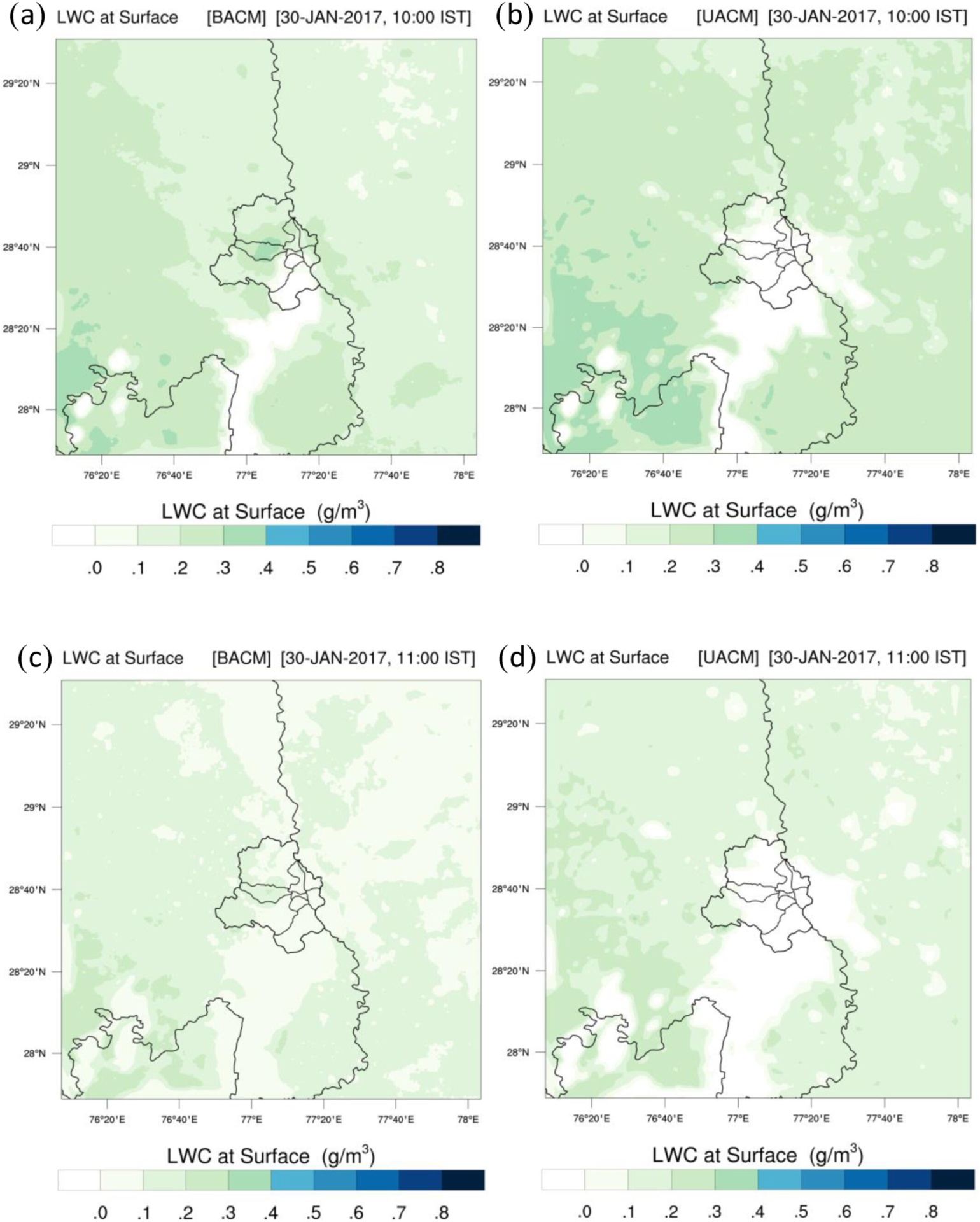 Surface liquid water content (LWC) over the Delhi region, 30-Jan-2017 — BACM vs UACM at 10:00 & 11:00 IST. UACM captures the observed fog dissipation over the urban core.