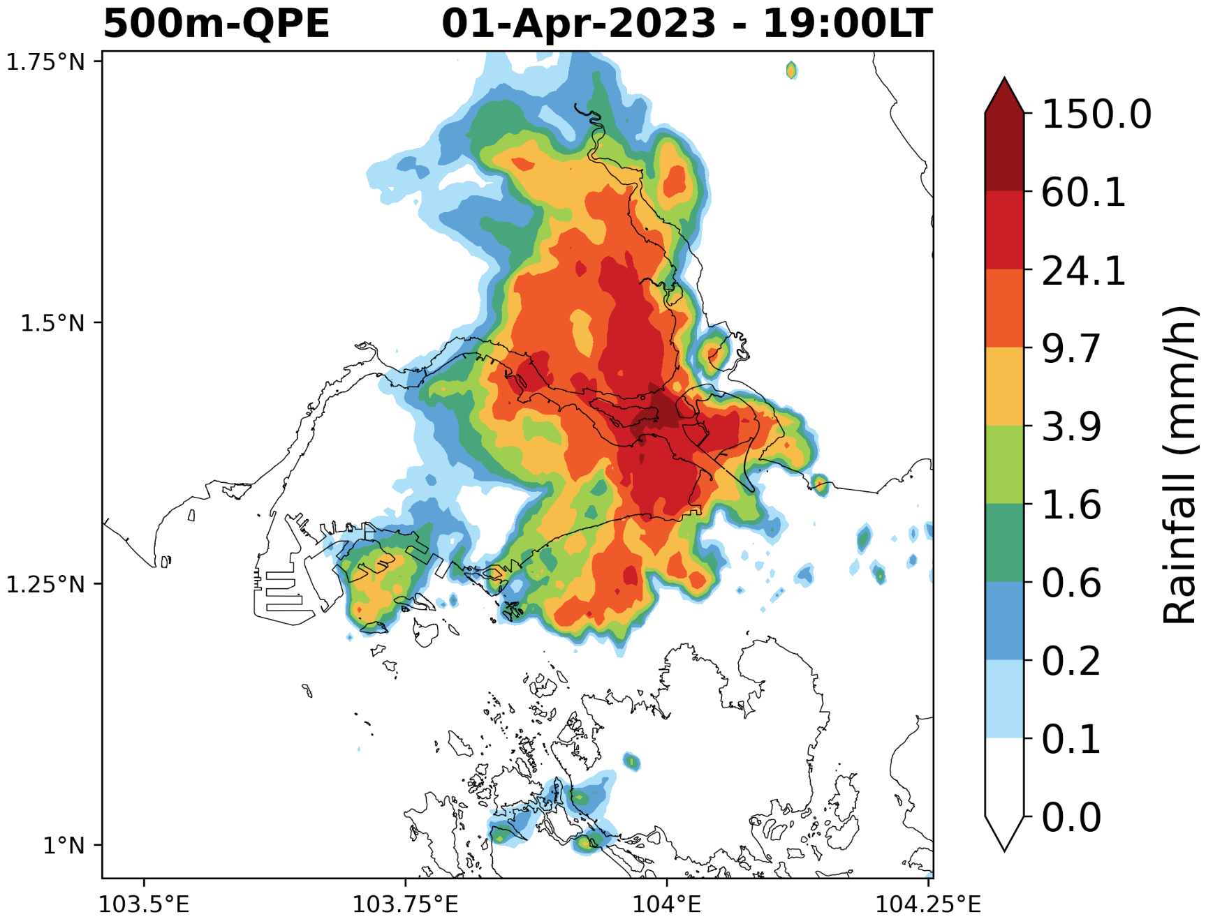 500 m QPE radar observation — 1-hour accumulated rainfall at 1-km height AGL, 01 Apr 2023 19:00 LT.