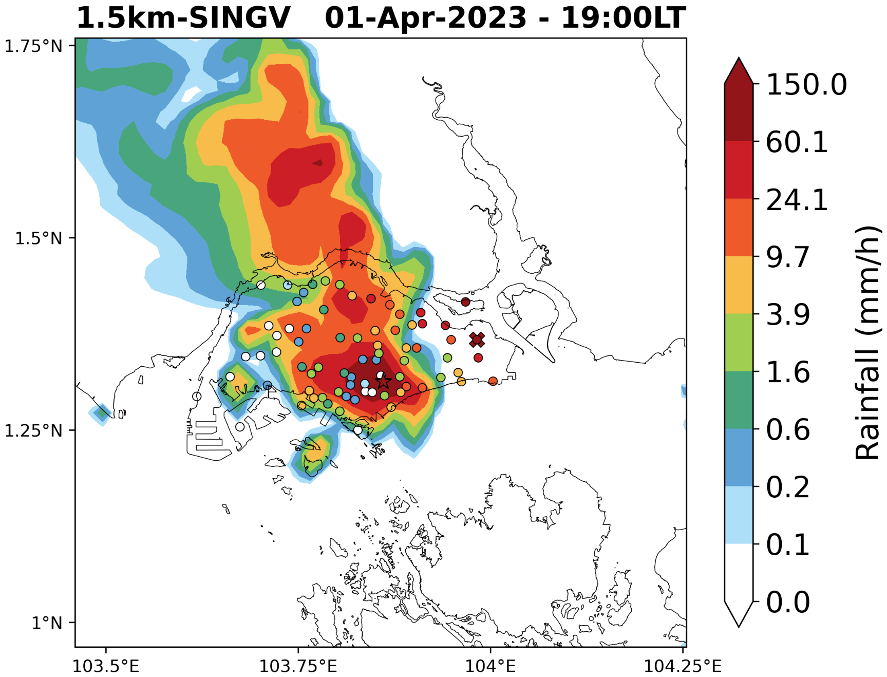 1.5 km SINGV forecast — 1-hour accumulated rainfall, 01 Apr 2023 19:00 LT. Colored scaled circles show rain gauge observations.