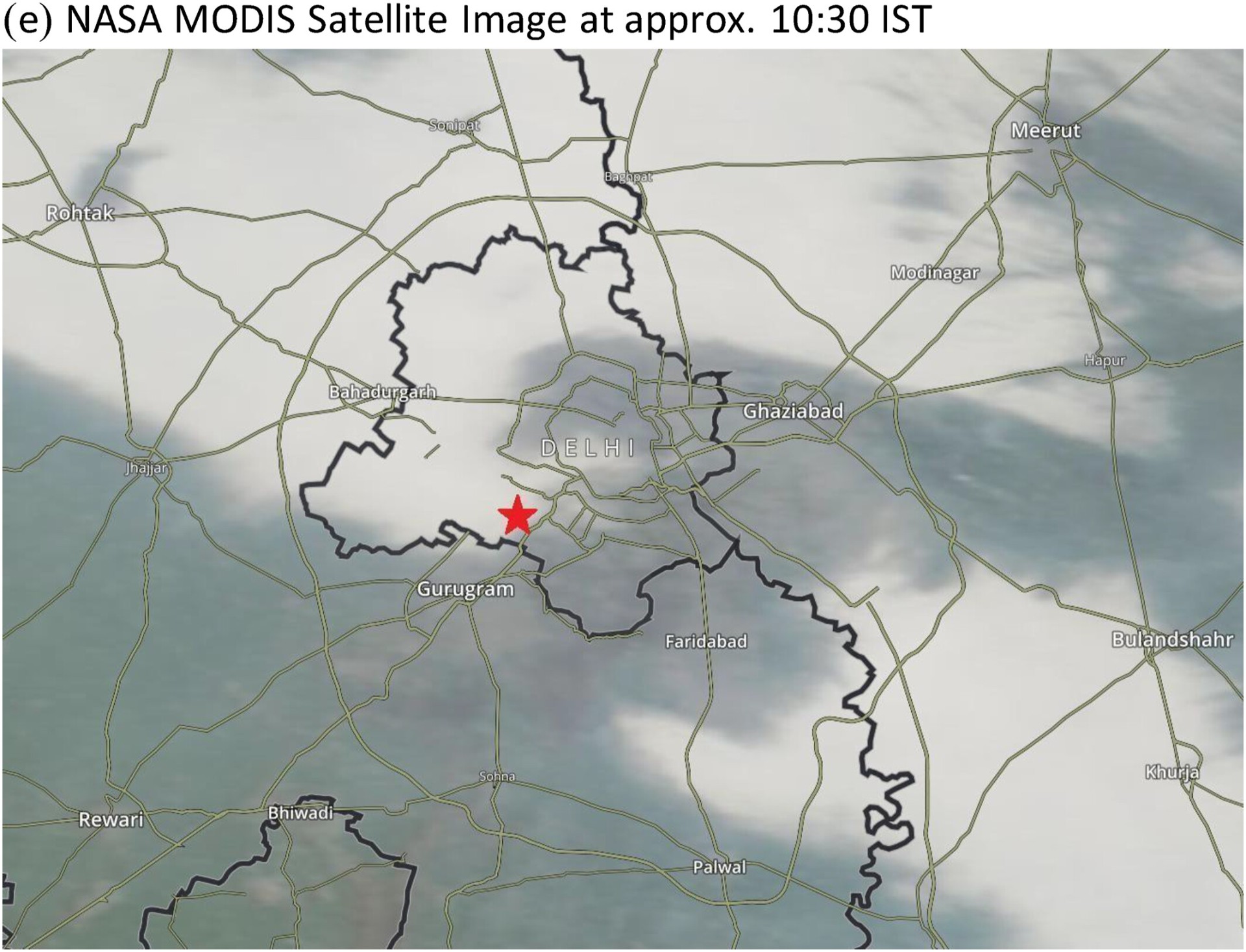 NASA MODIS satellite image over Delhi (~10:30 IST) — red star marks Indira Gandhi International Airport, New Delhi. Reference — Bhautmage et al. 2024