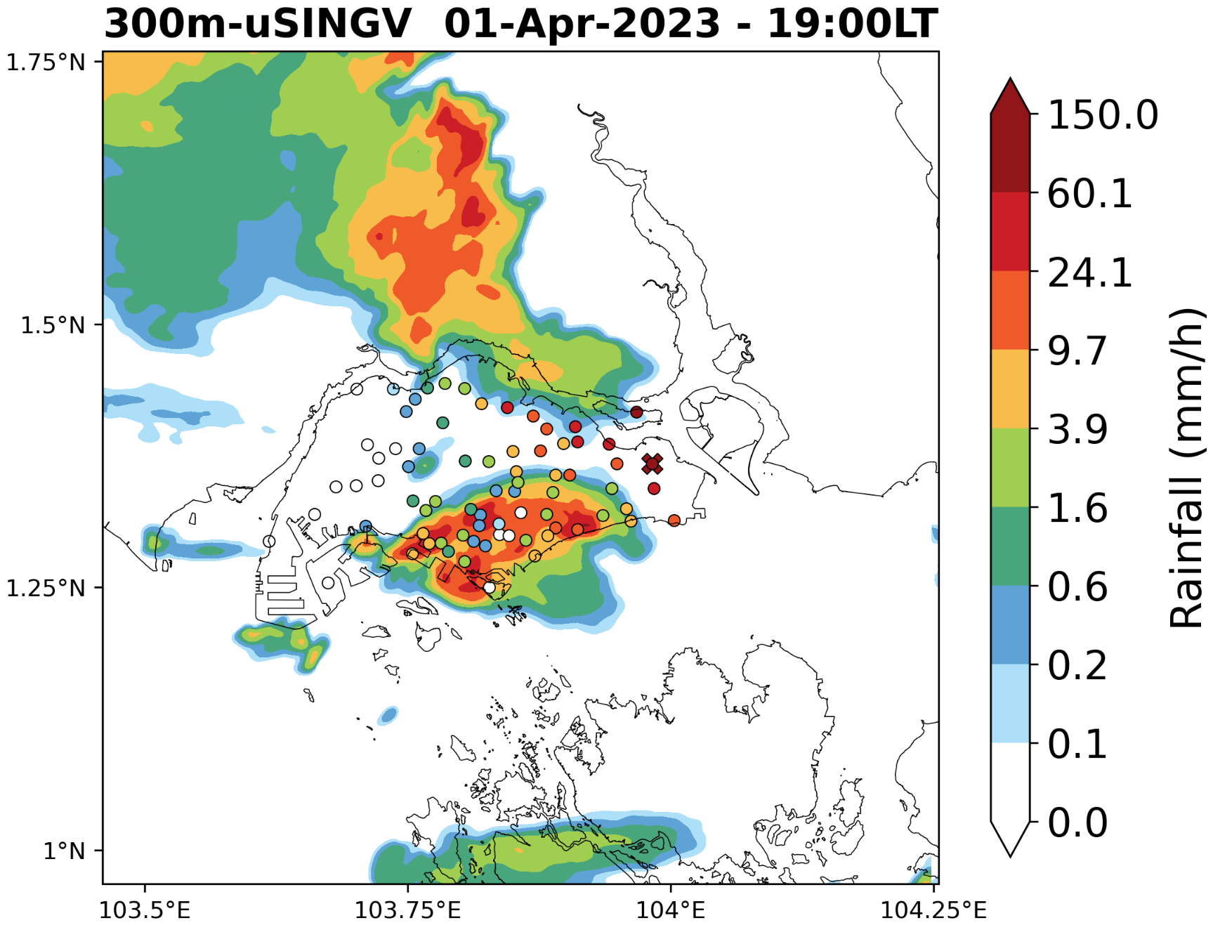 300 m uSINGV forecast — 1-hour accumulated rainfall, 01 Apr 2023 19:00 LT. Colored scaled circles show rain gauge observations.
