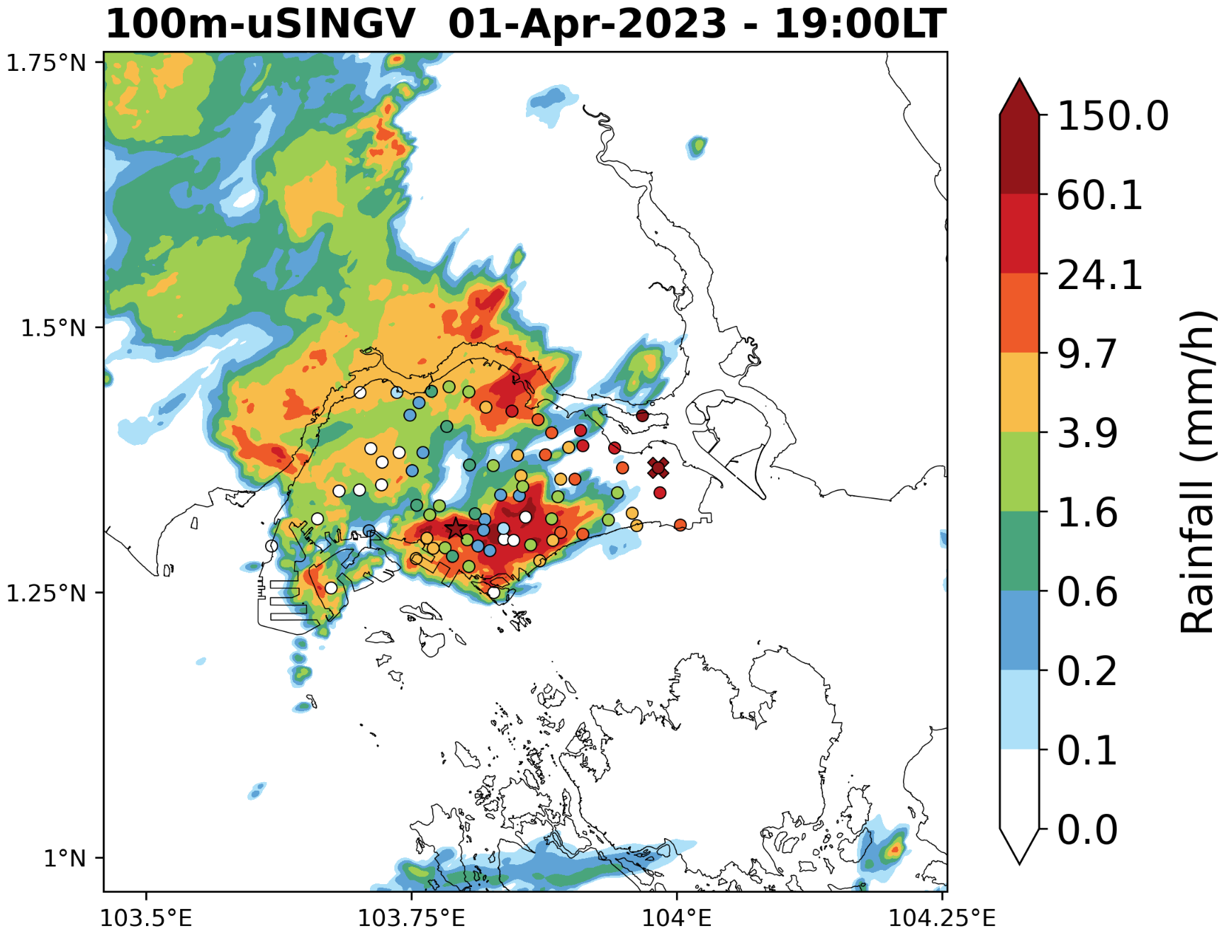 100 m uSINGV forecast — 1-hour accumulated rainfall, 01 Apr 2023 19:00 LT. Colored scaled circles show rain gauge observations.